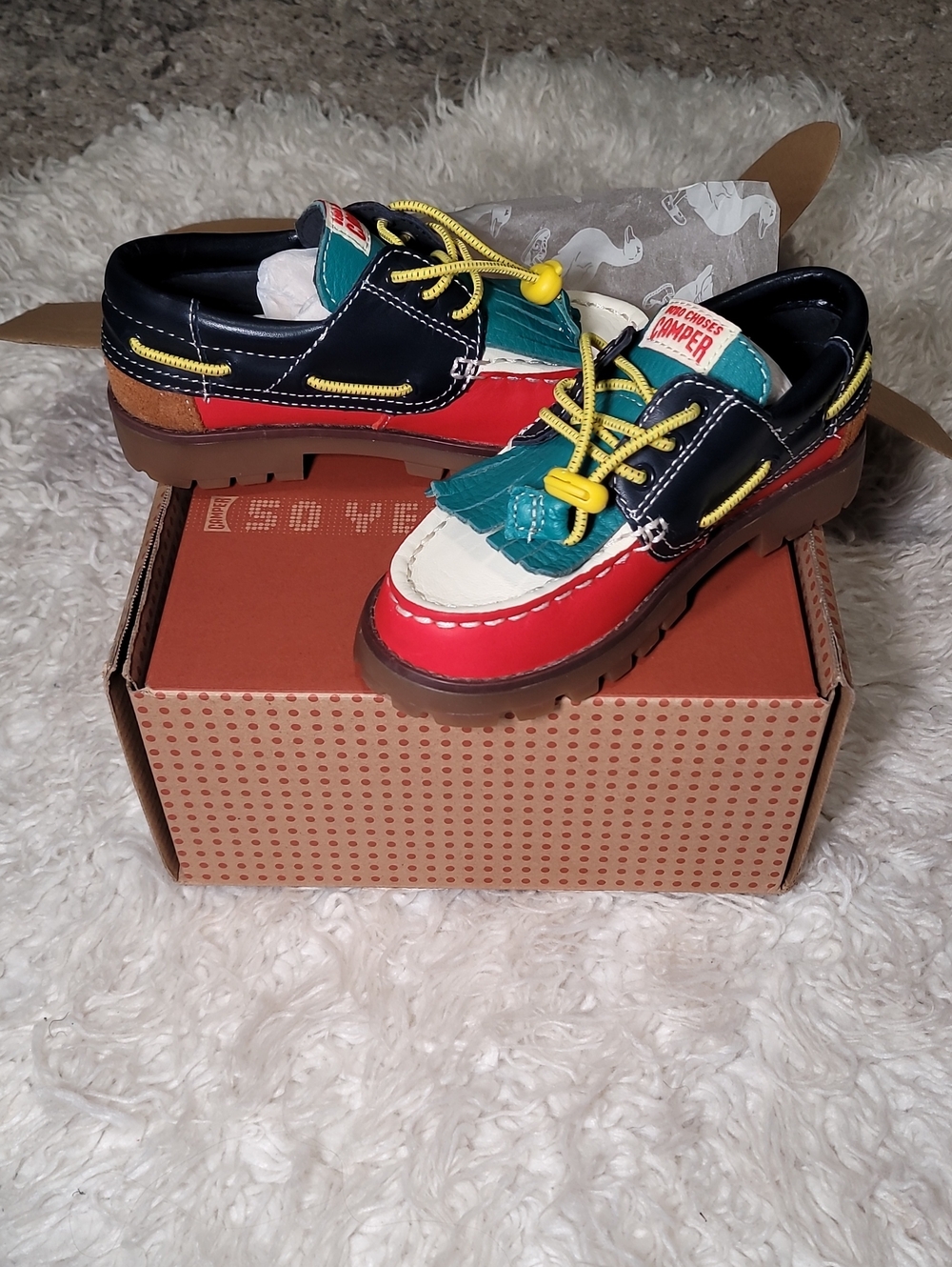 Camper Kids Multicolor Leather Moccasins - Black/Red/Teal/Yellow/Cream/Brown